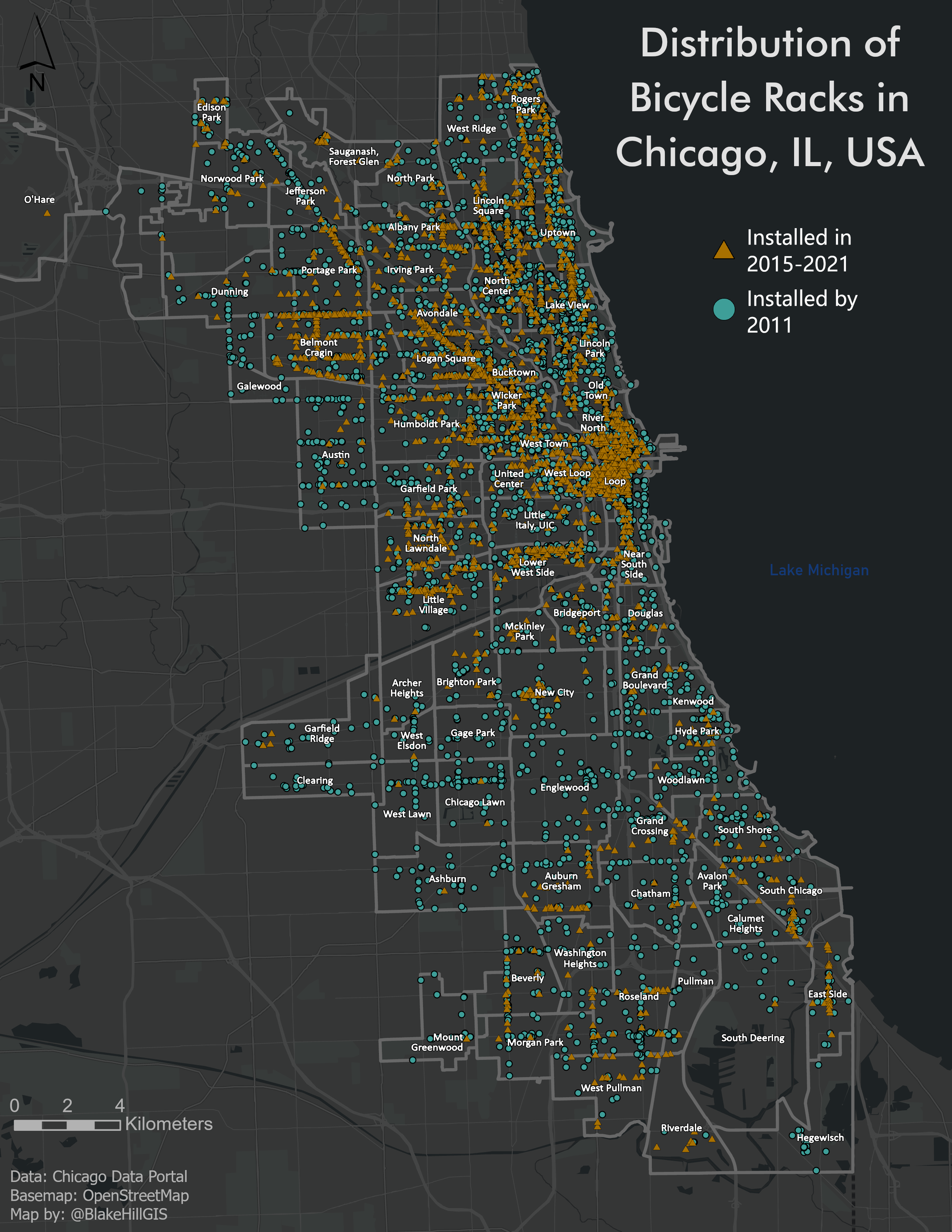 alt: A map showing the distribution of bicycle racks, installed by the City of Chicago prior to 2011 and from 2015 to 2021.  The distribution of points shows concentration of installations on the northside since 2015 and more sparse southside installs. 